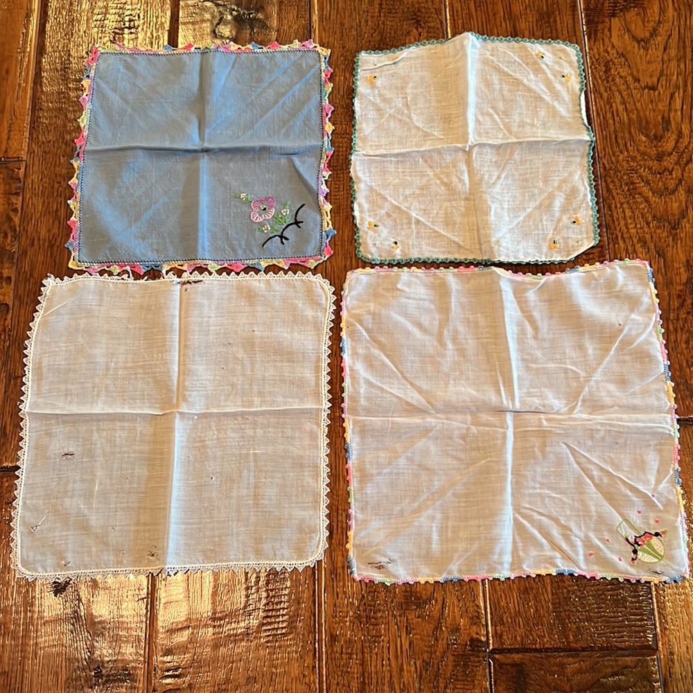 4 Hand stitched Handcrafted Table Toppers Handkerchiefs Crocheted Edging IR